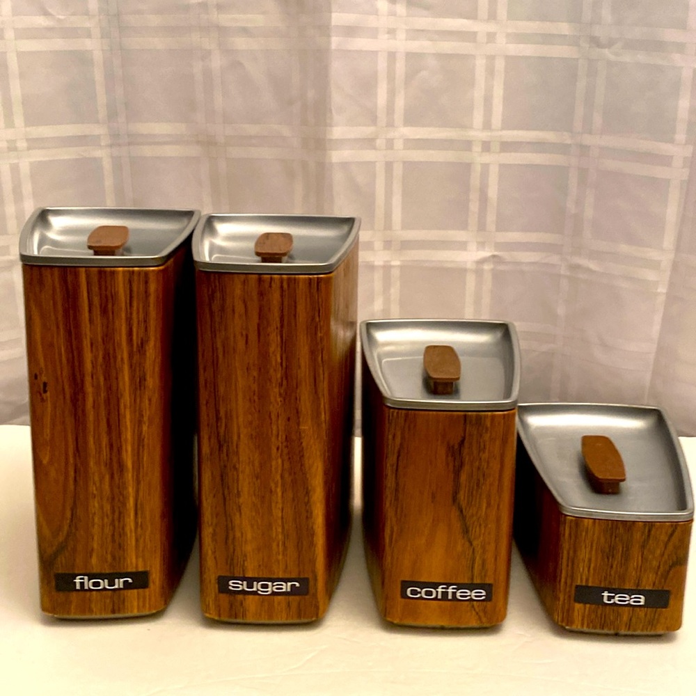 Vintage Lincoln Beautyware Mid Century Modern Faux Wood Grain Metal Canister Set